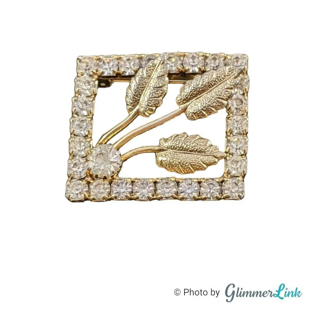 Vintage Rectangle Leaf Rhinestone Openwork Gold Tone Brooch Pin